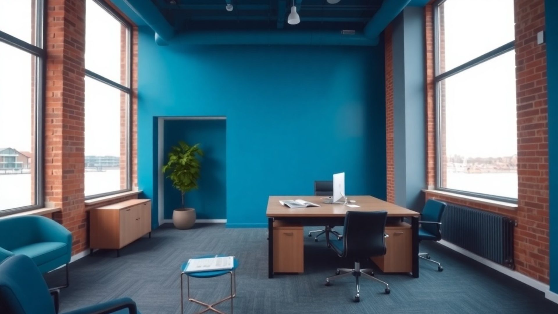Modern kantoorinterieur van Van Dijk & Meijer in Groningen met daglicht en azuurblauwe accenten