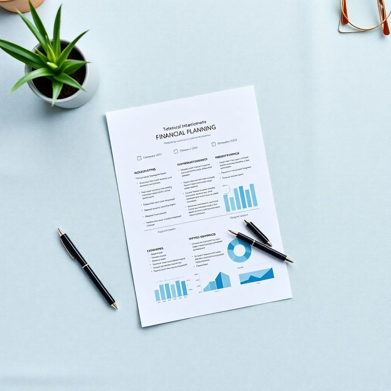 Overhead flat-lay van een gestructureerd financieel planningsdocument met azuurblauwe accenten
